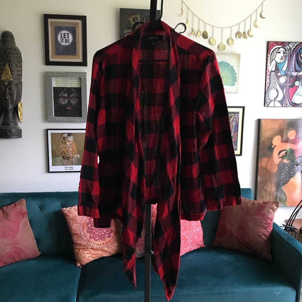 CHARLIE PAIGE sz L XL Red Buffalo Plaid Flannel Drape Front Topper Shirt Jacket